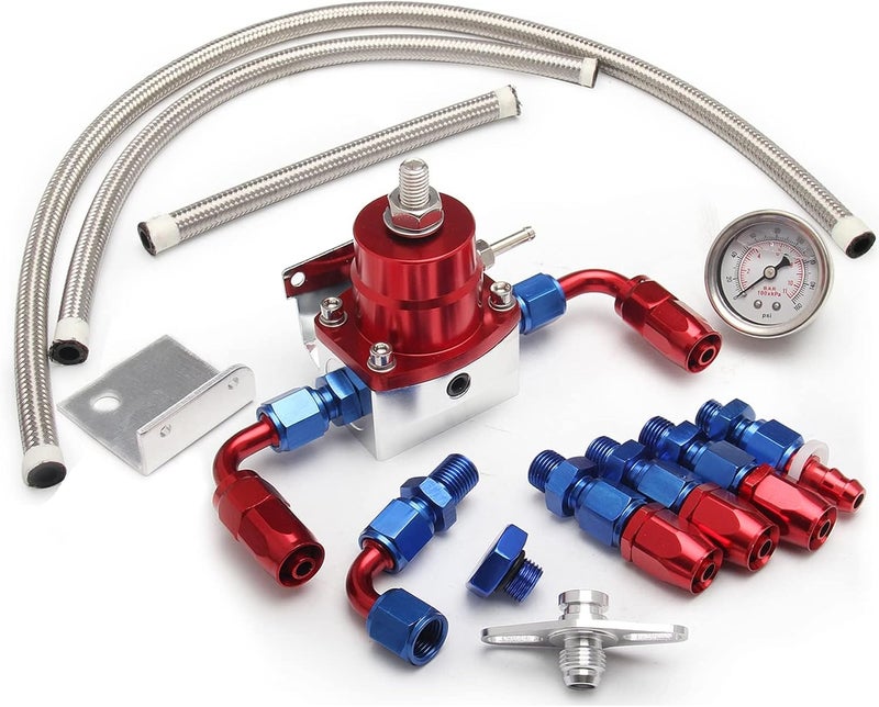 YESHMA EFI Fuel Pressure Regulator Kit 0-100psi with Gauge 6AN Fuel Line Fitting Universal Adjustable Aluminum (Blue+Red) - Image 1